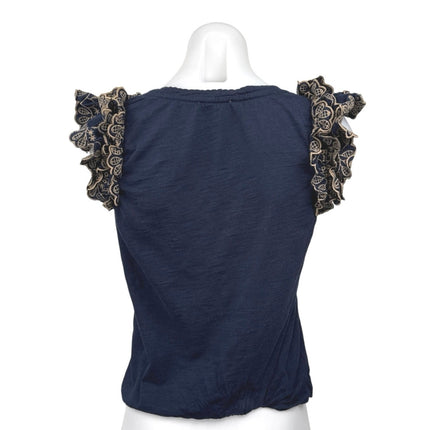 Democracy Women's Blue Embroidered Ruffle Sleeve Knit Shirt Blouse Top Size S