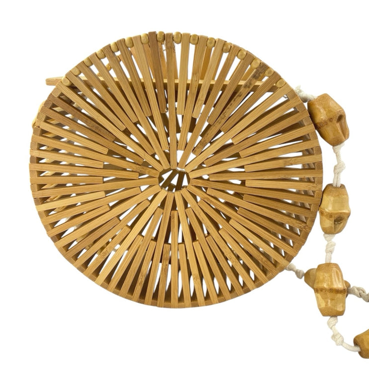 Women's Round Tan Bamboo Boho Hollow Out Beach Shoulder Crossbody Handbag OS