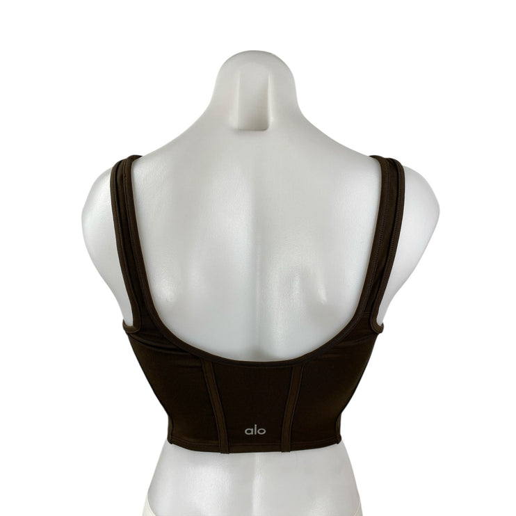 Alo Yoga Olive Green Sleeveless Scoop Neck Mesh Corset Athletic Crop Top Sz S