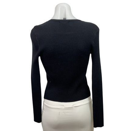 Aqua Women's Black Ribbed Knit Long Sleeve Tie V Neck Cardigan Crop Top Size XS
