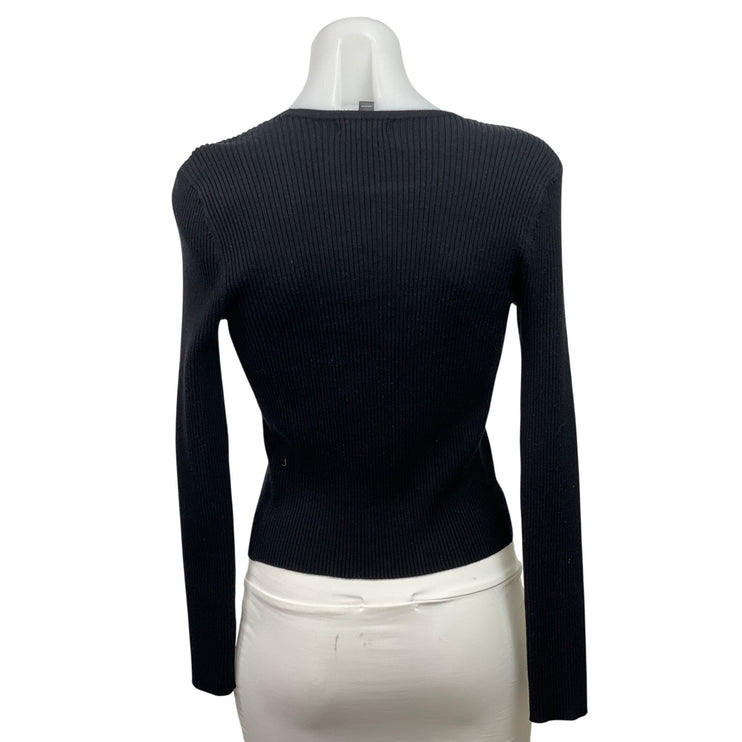 Aqua Women's Black Ribbed Knit Long Sleeve Tie V Neck Cardigan Crop Top Size XS