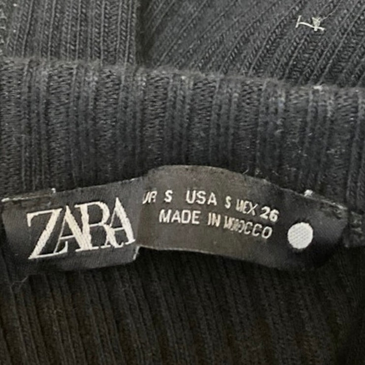 Zara Black Ribbed Knit Mesh Sheer Long Sleeve High Neck Slim Crop Shirt Top Sz S