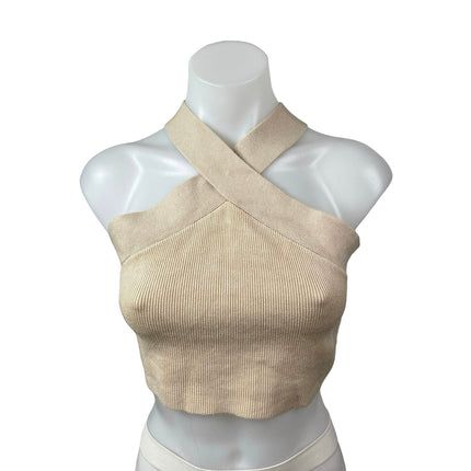 House of Harlow 1960 Cream Beige Cross Halter Sleeveless Knit Crop Top Size M