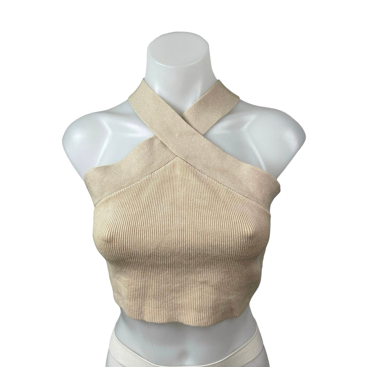 House of Harlow 1960 Cream Beige Cross Halter Sleeveless Knit Crop Top Size M