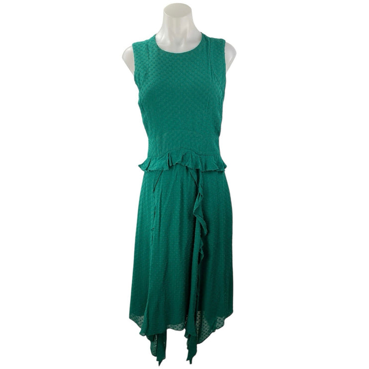 Club Monaco Green Sleeveless Swiss Dot Ruffle Asymmetric Midi A Line Dress Sz 2