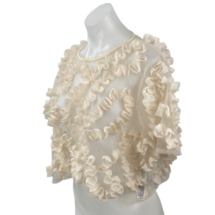 Zara Women's Cream Sheer Mesh Ruffle 3D Short Sleeve Cropped Blouse Top Size M