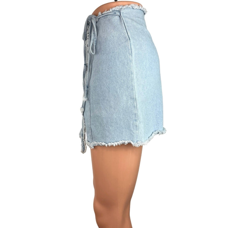 Daphnea Blue Denim Faux Wrap Light Wash Raw Hem Patch Pocket Skort Shorts Size L