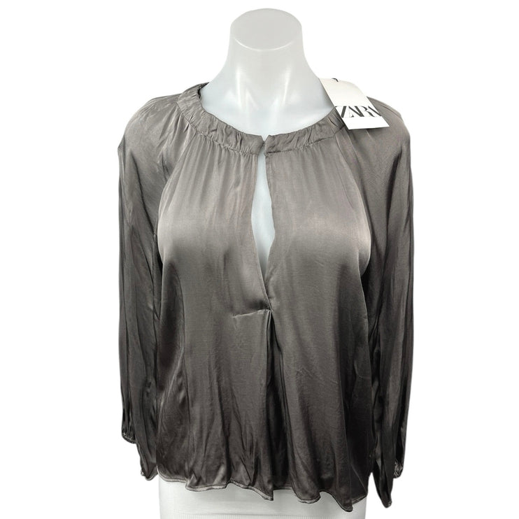 NEW Zara Silver Gray Silky Keyhole Round Neck Long Sleeve Blouse Top Size XS