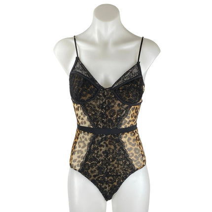 Women's Black Beige Floral Lace Sleeveless Leopard Cami Tank Bodysuit Top Size S