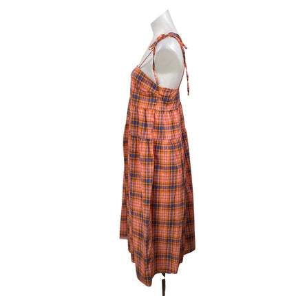 Collusion Orange Blue Plaid Check Sleeveless Tie Tiered A Line Midi Dress Size 6
