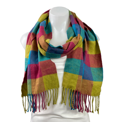 Women's Multicolor 100% Cashmere Rainbow Check Fringe Wrap Neck Scarf Size OS