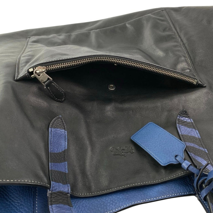 Coach Blue Black 100% Leather Reversible Zip Pocket ShoulderTote Bag Handbag OS