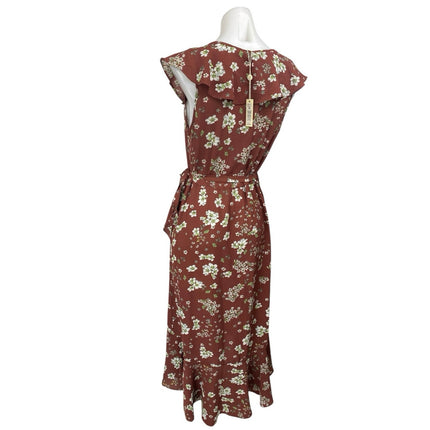 NEW Max Studio Brown Floral Ruffle Sleeveless Midi A-Line Wrap Dress $128 Size M