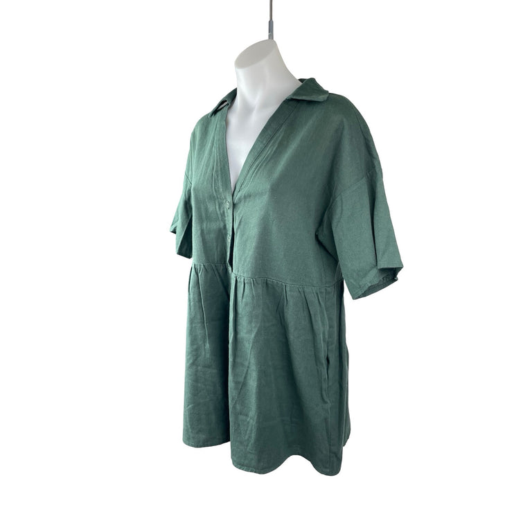 Vestique Women's Green Short Sleeve V Neck Button Up Shirt Romper Shorts M