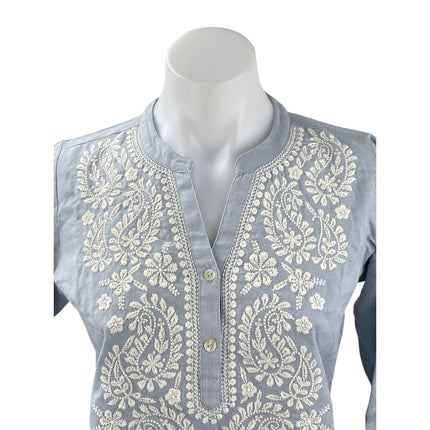 NEW Utsa Women's Blue Floral Embroidered 3/4 Sleeve Kurta Tunic Blouse Top Sz XS
