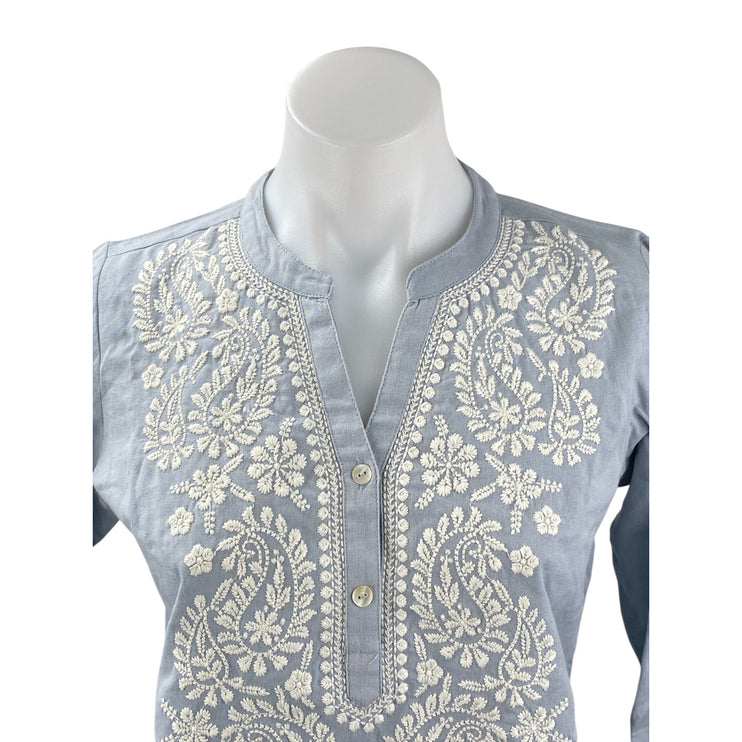 NEW Utsa Women's Blue Floral Embroidered 3/4 Sleeve Kurta Tunic Blouse Top Sz XS