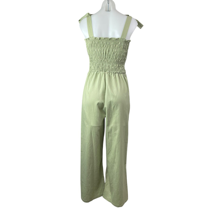 Fashion Union Green Sleeveless Tie Strap Smocked Wide Leg Romper Jumpsuit Size 6
