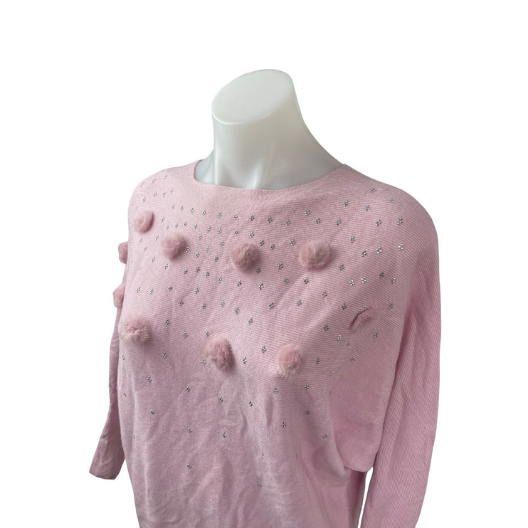 Emily Stacy Women's Pink Pompom Rhinestone Long Sleeve Sweatshirt Sweater Top M
