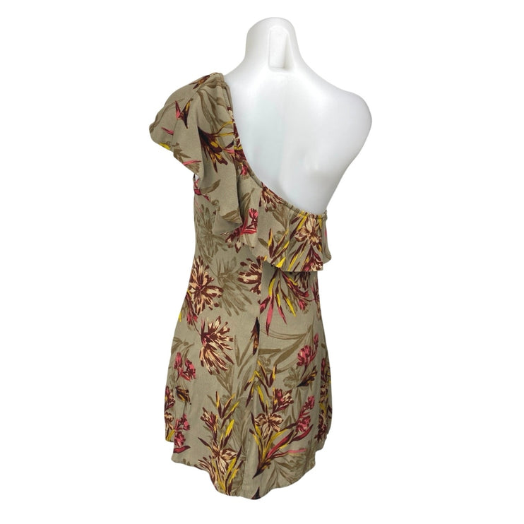 ASTR The Label Beige Floral One Shoulder Ruffle Tropical A Line Mini Dress Sz M