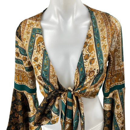 Cider Multicolor Geometric Floral Long Flared Bell Sleeves Crop Blouse Top Sz XS