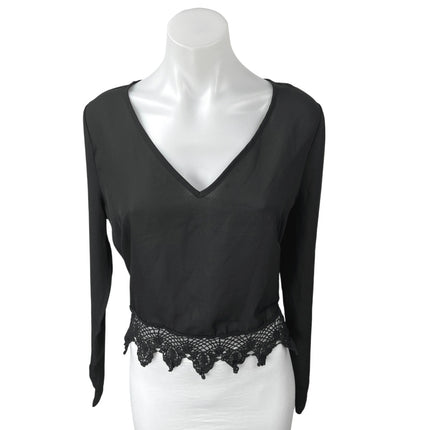 Urban Outfitters Ecote Women's Black Lace V-neck Long Sleeve Crop Blouse Top M