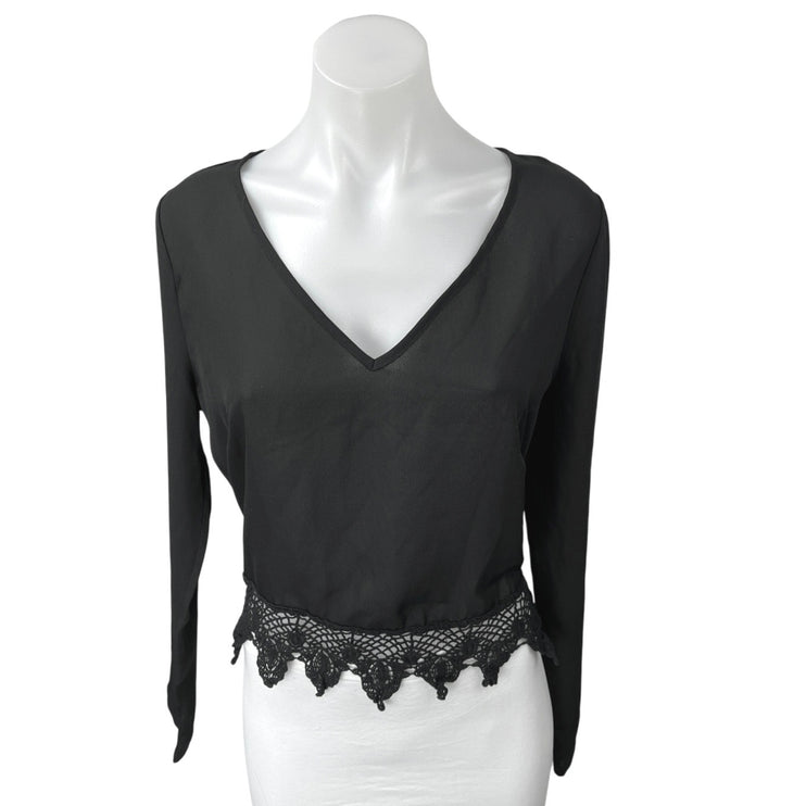 Urban Outfitters Ecote Women's Black Lace V-neck Long Sleeve Crop Blouse Top M