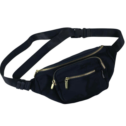 Zorfin Women's Black Gold Accent Adjustable Strap Travel Crossbody Belt Bag OS