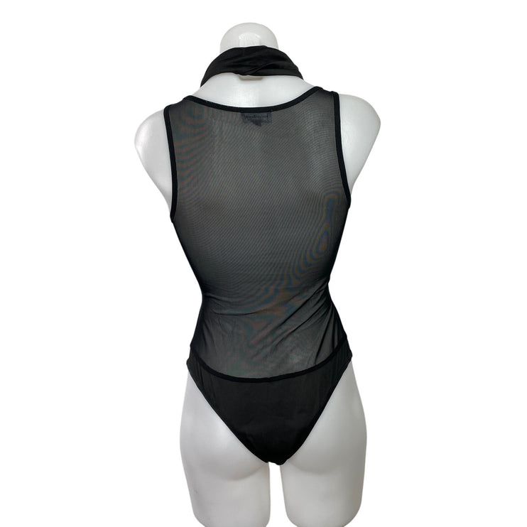 Superdown Women's Black Sleeveless Sheer Mesh Draped Cowl Neck Bodysuit Top Sz S
