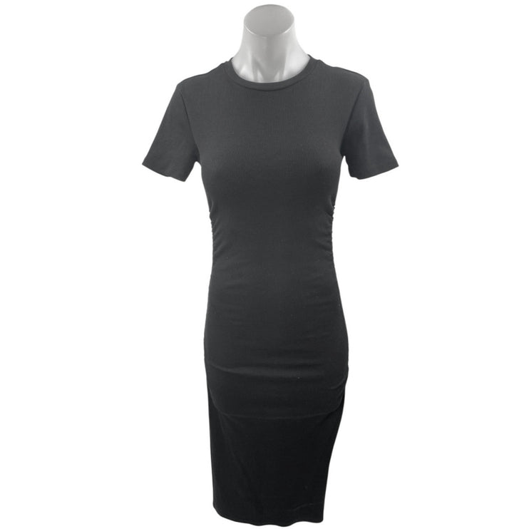 Zara Women's Black Rib Knit Round Neck Short Sleeve Midi Sweater Bodycon Dress S