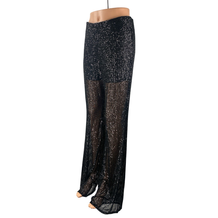 NEW Nasty Gal Women's Black Sequin Sparkly Sheer Wide Leg Trousers Pants Size 8