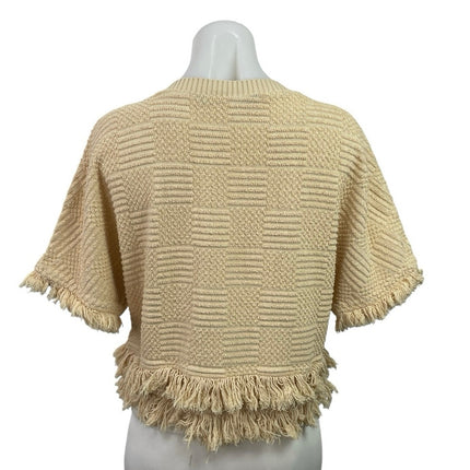 Zara Cream Beige Knit Textured Fringe Crew Neck Boho Short Sleeve Sweater Size M
