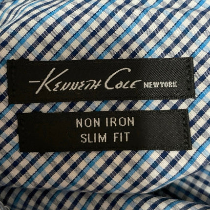 Kenneth Cole Mens Blue Plaid Checkered Long Sleeve Collared Button Down Shirt 34