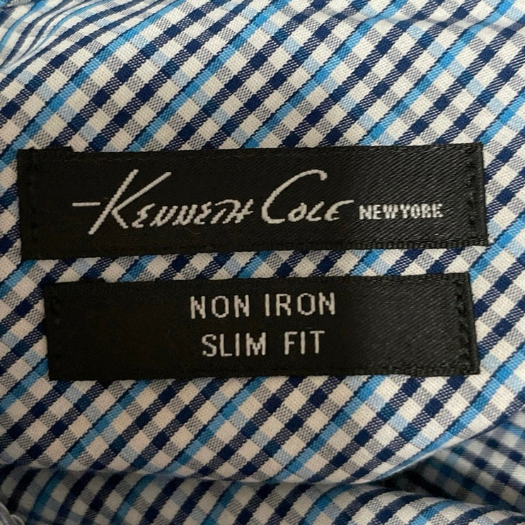 Kenneth Cole Mens Blue Plaid Checkered Long Sleeve Collared Button Down Shirt 34