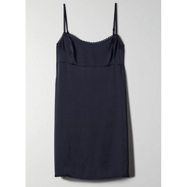 Aritzia Sunday Best Eloise Navy Blue Satin Sleeveless Mini Slip Dress Sz 2XS