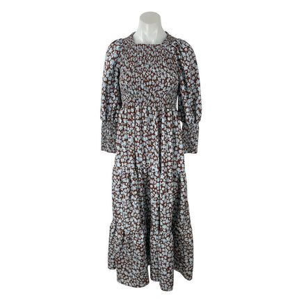Zoya Brown Floral Shirred Long Balloon Sleeve Smocked Tiered A Line Maxi Dress 2