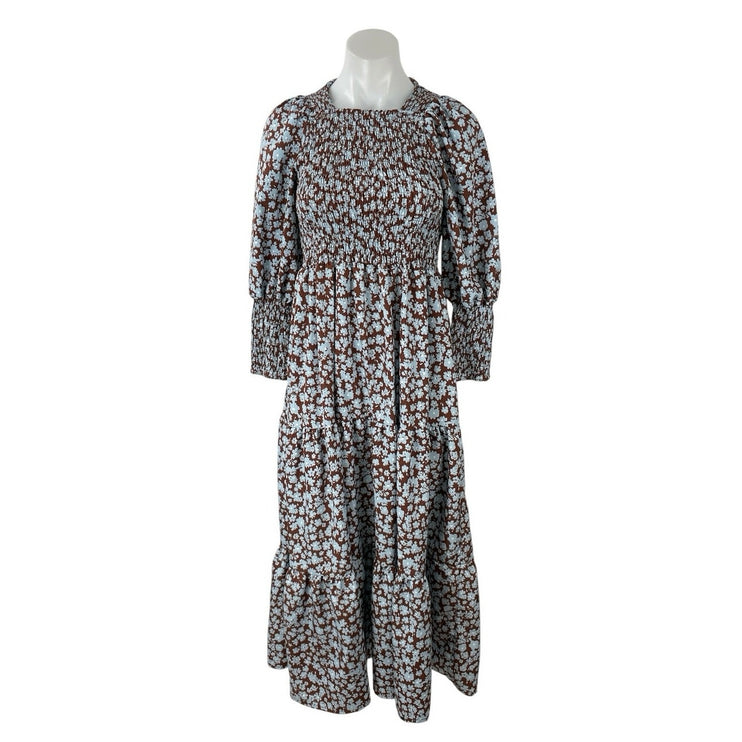 Zoya Brown Floral Shirred Long Balloon Sleeve Smocked Tiered A Line Maxi Dress 2