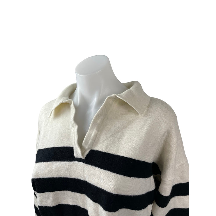 Isalis Women's Ivory Black Striped Long Sleeve Polo Cropped Sweater Top Size S