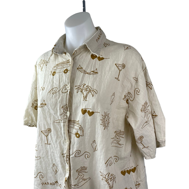 By Frankie Beige Island Graphic Print Button Up Shirt Shorts 2 Pc Set Size L