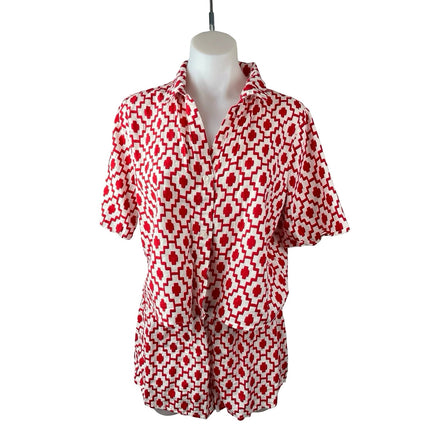 Shade & Shore Red Geometric Ikat Button Up Top Wide Leg Short Pajama Set Size S