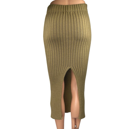 Emory Park Green Wool Rib Knit Slit Stretch Midi Straight Pencil Bodycon Skirt S
