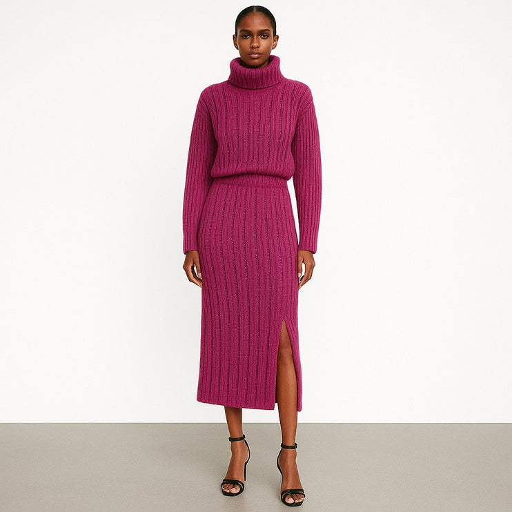 Cider Pink Wool Sequin Long Sleeve Knit 2pc Sweater Skirt Matching Set Size XS