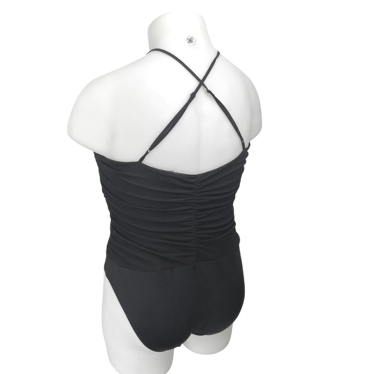 H&M Black Ruched Sleeveless Cross back Deep V-Neck One Piece Bikini Swimwear L