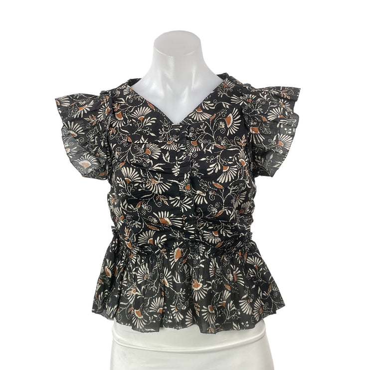 Rails Women's Black Floral Ruffle V Neck Ruched Peplum Crop Blouse Top Size S