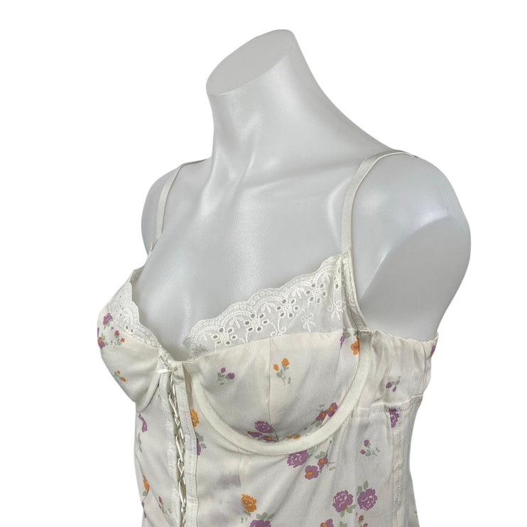 Sky To Moon Women's White Floral Bustier Corset Ruffle Lace Cami Tank Top Size M