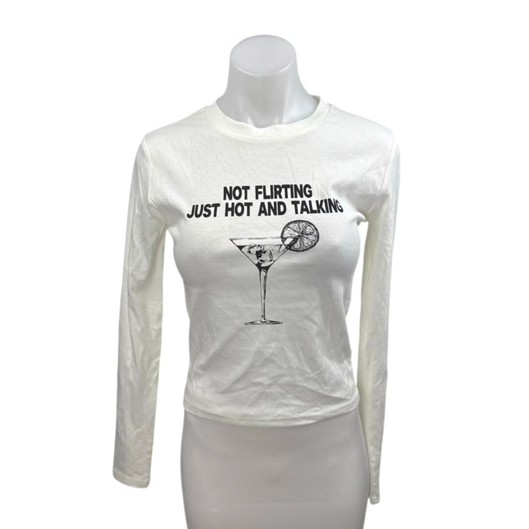 NWT Edikted Women's White Crewneck Long Sleeve Graphic Tee T-shirt Crop Top Sz S