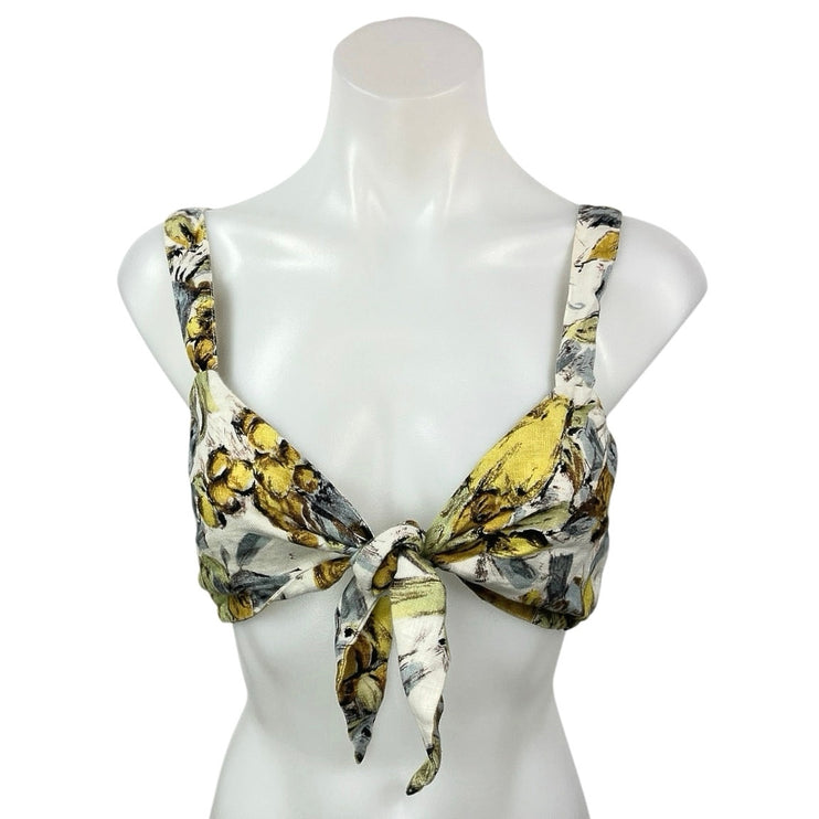 Posse Multicolor 100% Linen Lemon Print Bow Tie Swimsuit Bikini Crop Top Size XS