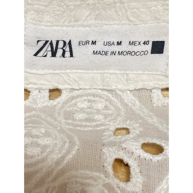 Zara Women's Whote Eyelet Embroidered Half Sleeve button Down Shirt Top Size M