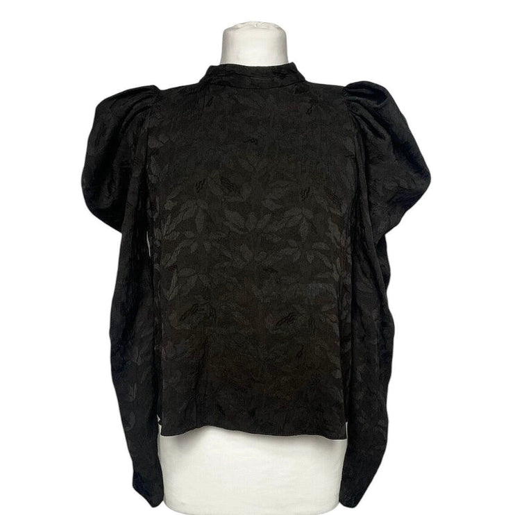 Zara Black Floral Textured Ruched Puff Long Sleeve Crew Neck Blouse Top Size S