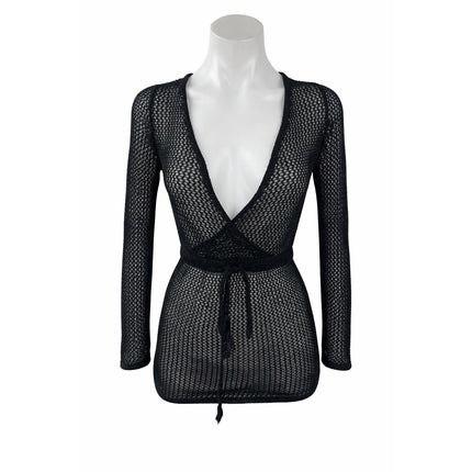 Forever 21 Black Mesh Sheet Long Sleeve Deep V Neck Tie Waist Cover Up Dress S