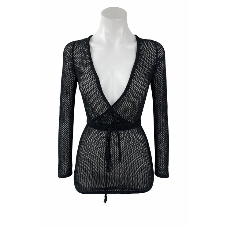 Forever 21 Black Mesh Sheet Long Sleeve Deep V Neck Tie Waist Cover Up Dress S